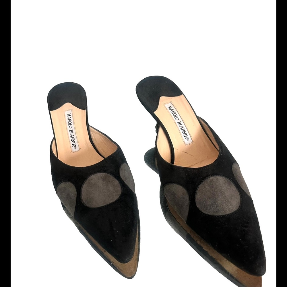 Manolo Blahnik Black & Gray Suede Pointed Mules